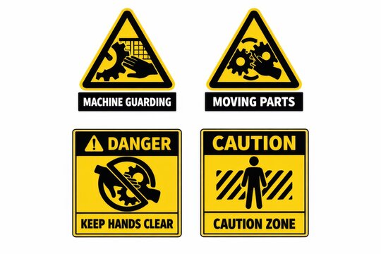 Set of industrial safety warning signs for machinery and hazardous areas