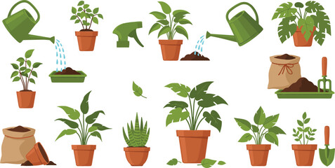 Indoor Plant Care and Gardening Activity Vector Set with Watering Can, Potted Houseplants, Soil Bags, and Garden Tools for Home Plant Growing © Sumon Creative