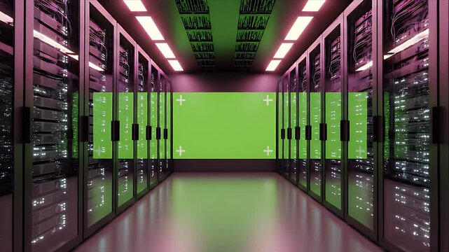 Futuristic Server Room With Green Screen For Chroma Key and Ambient Glow Lighting Creating Data Center Atmosphere For Technology Concepts