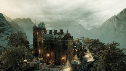 Snowbound mountain fortress at twilight, warm interior lights piercing cold air, smoke curling from chimneys, pine forest hugging stone battlements, lonely keep © icetray