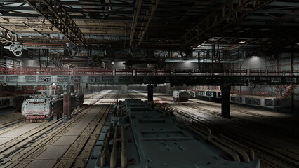 Fototapeta premium Pale dawn light across transit depot with trains, preparation lanes and overhead gantries, technicians prepping carriages offframe, subtle warm glow on steel,