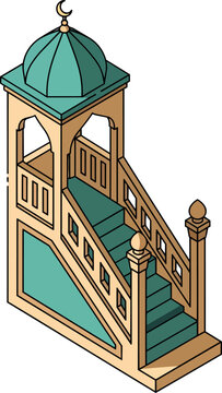 Isometric illustration of a traditional Islamic minbar with stairs, railing, and a domed top featuring a crescent moon.