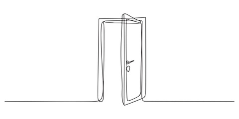 Door outline drawing illustration. one continuous line drawing of opened door, A modern line art depiction of an open door in one continuous line, Open door one line illustration, welcome sign minimal © Md