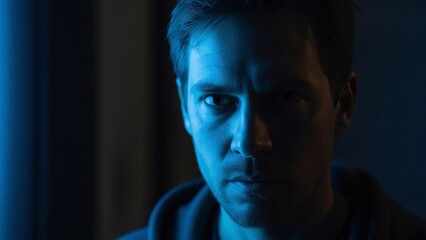 Fototapeta premium Man with Serious Expression in Dim Light.