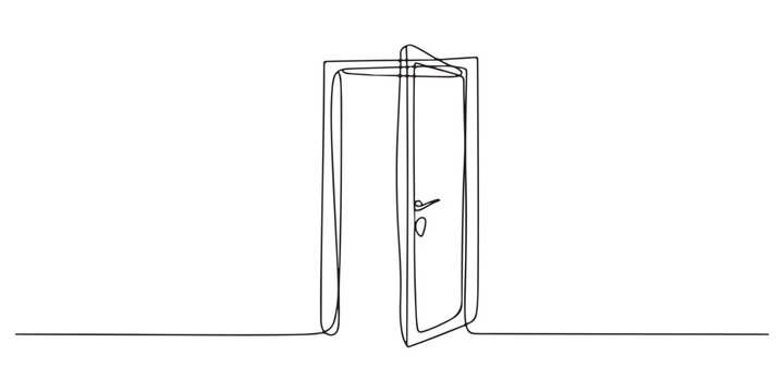 Door outline drawing illustration. one continuous line drawing of opened door, A modern line art depiction of an open door in one continuous line, Open door one line illustration, welcome sign minimal