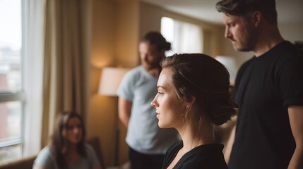 Obraz premium A group of people prepare in a brightly lit room with soft natural light filtering through a window