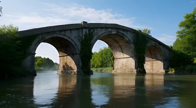 Picturesque view of an old stone bridge over a tranquil river water