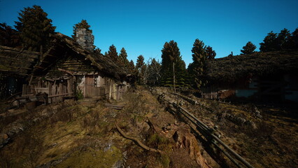 Fototapeta premium remote wooden shelter on rugged hillside with porch and chimney, ideal setting for survival training, outdoor skills, emergency prep and wilderness workshops
