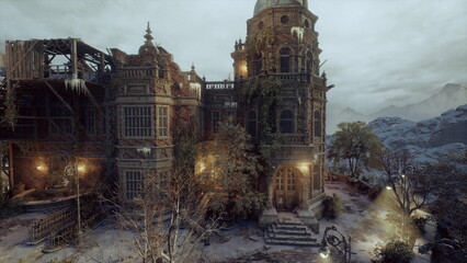 ornate victorian manor glowing with lanterns, stone courtyard framed by ivycovered towers and soft twilight haze, warm light spilling through tall arched © icetray