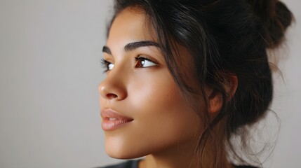 Fototapeta premium Close up profile portrait of a young woman with dark hair looking thoughtfully into the distance against a soft neutral background