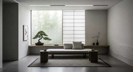 Serene Minimalist Japanese-Inspired Living Room with Bonsai, Shoji Screen, and Misty Bamboo Forest View, Featuring Modern Neutral Decor