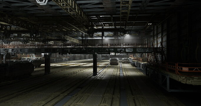 dim industrial corridor illuminated by shaft lighting, showing metal mezzanine, catwalks, pipes and stark contrast that creates suspenseful noir atmosphere