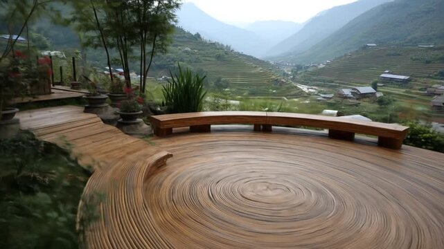 Wooden deck with view of mountains and valley landscape in daylight