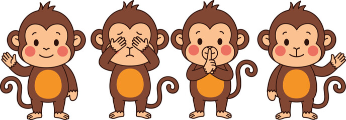 Cute cartoon monkey characters see hear speak and wave gestures vector illustration set © Prodip