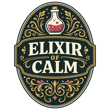 Vintage ornate decorative label featuring an elixir bottle design with elegant typography and intricate golden patterns