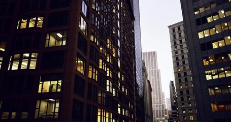 Obraz premium City buildings view, Sunset illuminates modern brick and glass structures, Evening glow highlights intricate features of urban architectural facades