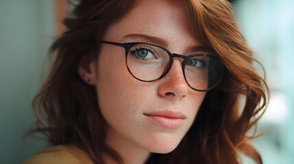 Fototapeta premium Close up portrait of a young woman with red hair freckles and glasses looking thoughtfully at the