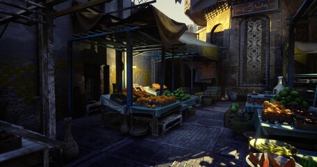 early morning vegetable stall with crates and green produce, vendors preparing displays, soft golden light filtering through awnings, textured walls