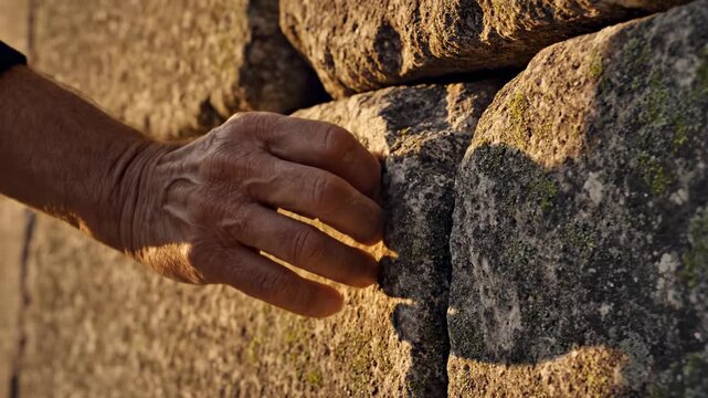 Close-up of a hand touching stone.