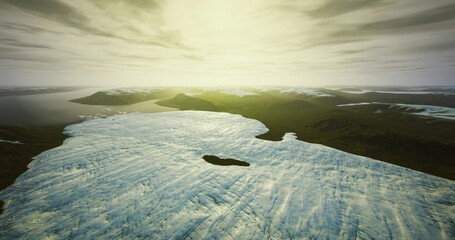 Aerial glacier melting under golden sunrise, drone survey capturing crevasse detail, vast ice sheet, scattered floes, cold ocean horizon, warm light contrast © icetray