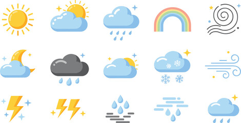 Obraz premium Weather Forecast Icon Set with Sun Cloud Rain Wind Snow Rainbow Thunder Storm Symbols for Meteorology Apps Websites and Climate UI Design