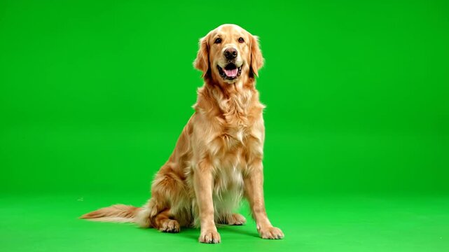 A golden retriever dog sits on a green screen background for video greenscreen