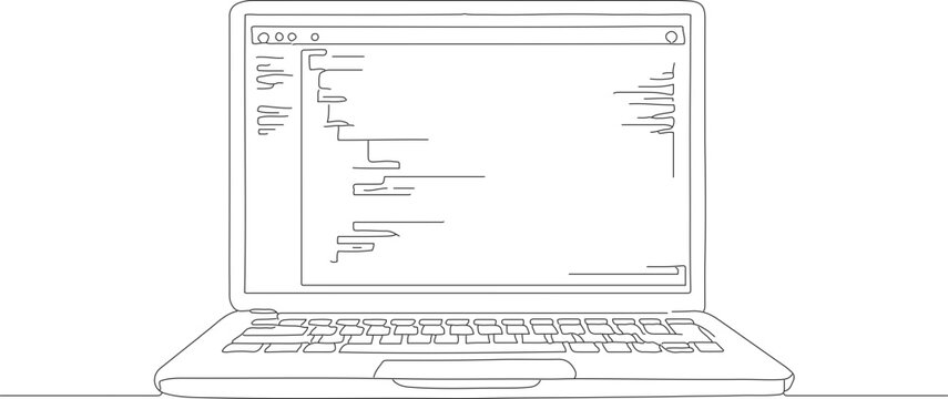 Simple Line Art Laptop with Program Code Structure on the Screen Illustration