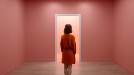 Fototapeta premium A solitary woman in an orange dress stands before an open brightly lit doorway in a minimalist pink room