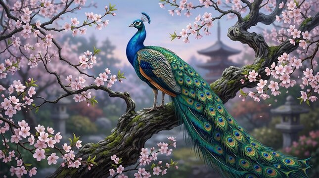 Image is a digital artwork featuring a vibrant peacock perched on a gnarled tree branch. The peacock's plumage is a striking array of iridescent blues and greens, with its long tail feathers displayin