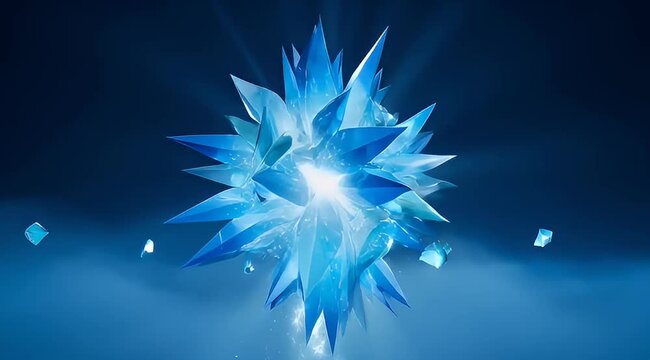 A mesmerizing crystal formation emits radiant light against a dark blue backdrop