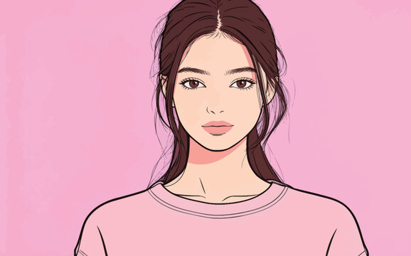 A woman stands facing forward with long hair and a light shirt in front of a soft pink background. She has a calm expression on her face.