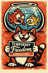 Fototapeta premium Cartoon cat celebrating temporary freedom in retro fishbowl office concept with surprised goldfish illustration