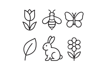 Naklejka premium Simple line art illustration of insects flowers and a rabbit