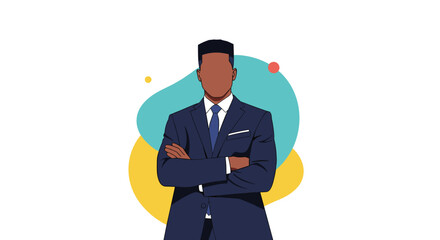 Obraz premium Professional African American businessman in a dark blue suit standing confidently with arms crossed against an abstract background.