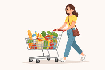Vector illustration of a happy young woman pushing a metal shopping cart filled with fresh healthy groceries including vegetables, fruits, bread, and milk. Simple flat design on white background.