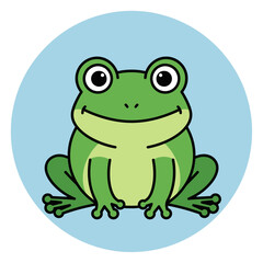 Fototapeta premium A cartoon green frog sitting on a blue circle with a happy smile