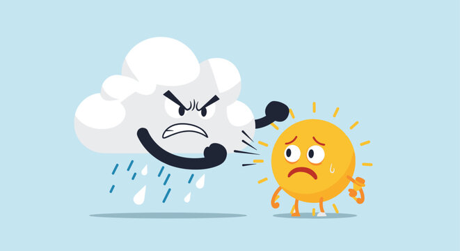 Humorous cartoon personification of an angry rain cloud scolding a sad and sweaty sun during a sudden weather change.