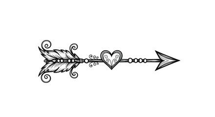 Ornate black and white hand-drawn arrow with a large heart in the center and feather details on a white background.