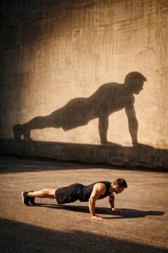 Man performing push-ups in gym with lion shadow workout motivation fitness training strength exercise shadow effect