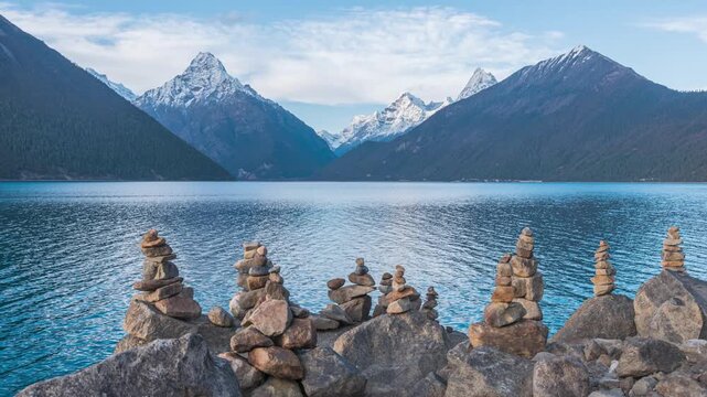 Time-lapse of Basom Tso Lake with Forest and Snow Mountains in Nyingchi, Tibet, China