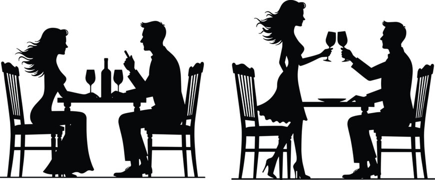 Couple dining silhouette, romantic dinner, wine glasses, celebration moment, social interaction, restaurant artwork, lifestyle design, relationship illustration, evening date, festive concept