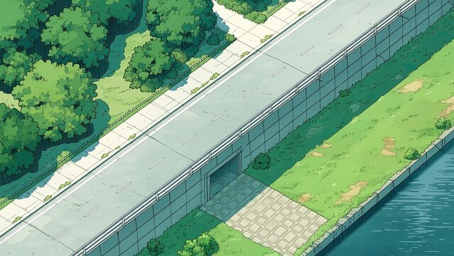 川沿いの高架道路と緑地を俯瞰で描いた都市インフラ風景イラスト 背景素材
