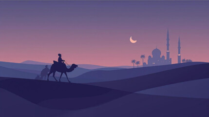 Fototapeta premium illustration silhouette camel in the desert and grand mosque in the background