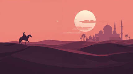 Obraz premium illustration silhouette-style desert scene at dusk, featuring a lone rider on a horse crossing sand dunes, with a grand mosque and palm trees in the background