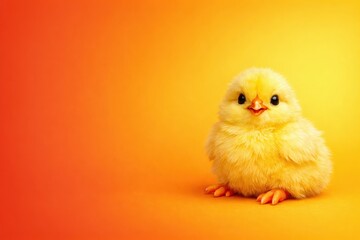 Adorable fluffy yellow chick sits on an orange and yellow gradient background