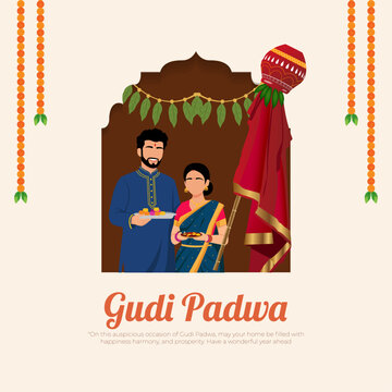 Happy Gudi Padwa Indian New Year Festival Greeting Illustration Indian Hindu New Year Gudi Padwa Puja Ceremony, vector illustration.