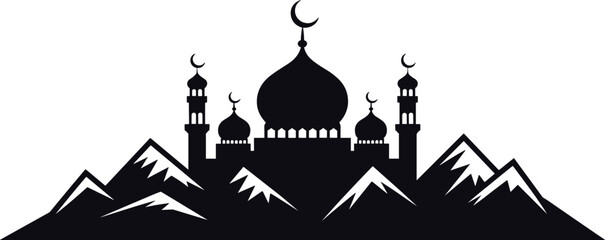 Islamic mosque silhouette with crescent dome and minarets behind mountain landscape, Arabic architecture Ramadan Kareem and Eid Mubarak celebration vector illustration © MdRaziur