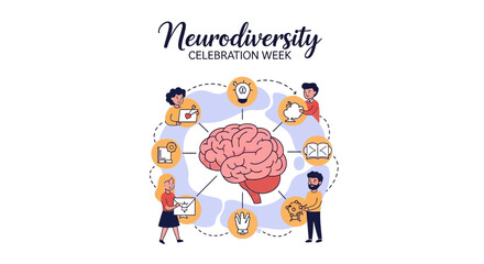 Illustration of people celebrating Neurodiversity Celebration Week with a brain and icons representing neurodiversity awareness and acceptance in a colorful design.