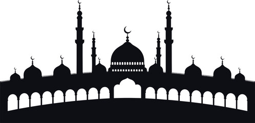 Islamic mosque silhouette with domes, minarets and arches, Arabic architecture skyline for Ramadan Kareem and Eid Mubarak celebration, elegant Islamic vector illustration © MdRaziur