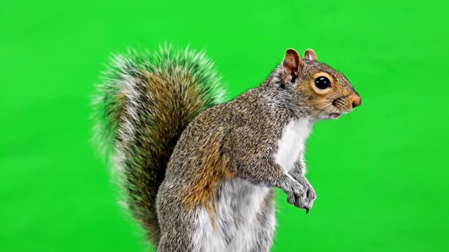 A curious squirrel standing on its hind legs shot against a video greenscreen